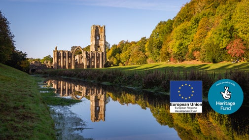 Skell river flows past the ruins of Fountains Abbey as it makes its way into the Studley Water Garden